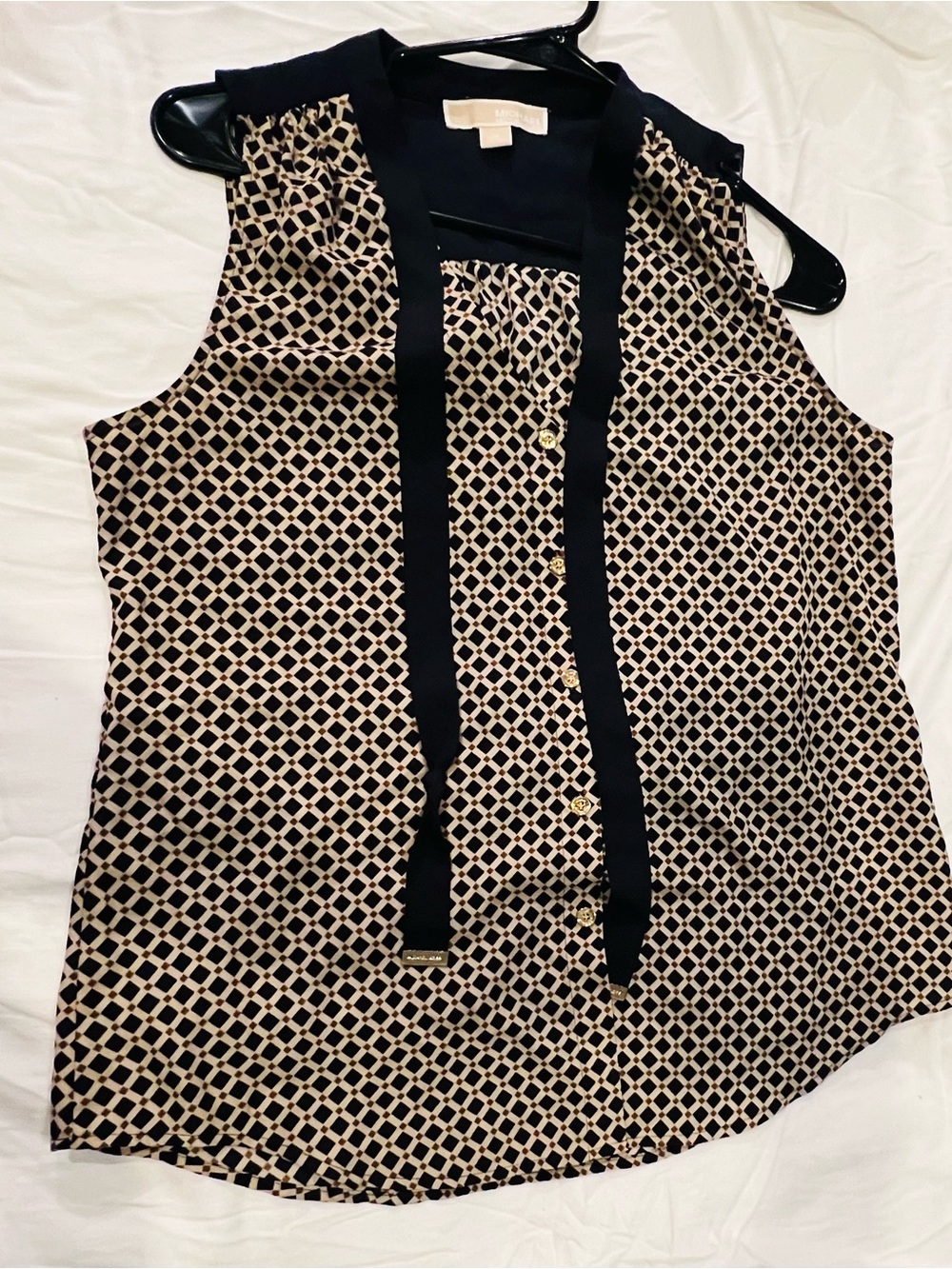 MICHAEL Michael Kors Black and Cream Sleeveless Tie-Neck Geometric Blouse